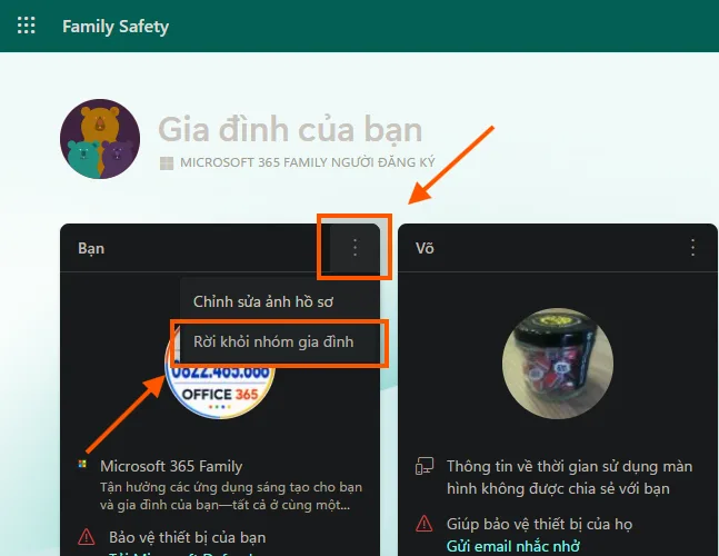 Mở tùy chọn và chọn Rời khỏi: Nhấn vào biểu tượng Ba dấu chấm ngang (...) ở góc của thẻ tên bạn. Một menu thả xuống sẽ xuất hiện, hãy chọn Rời khỏi nhóm gia đình (Leave family group).