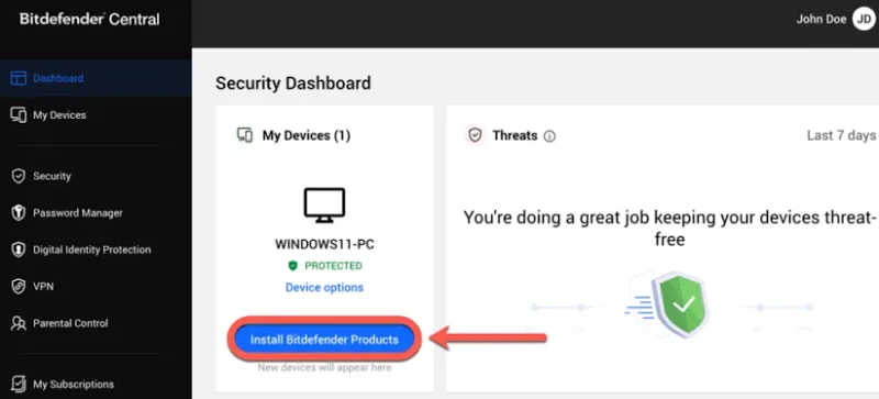 Nút Install Bitdefender Products và tùy chọn Download trên Bitdefender Central.